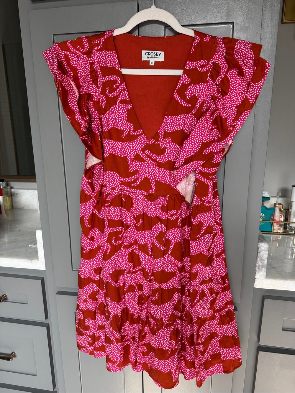crosby Red and Pink Flutter-Sleeve Dress